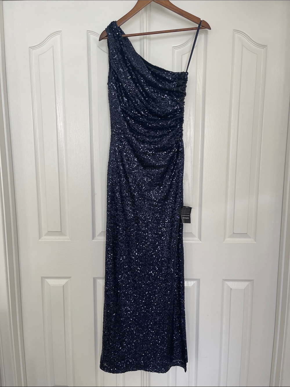 Lauren Ralph Lauren evening One-Shoulder Navy Sequin Evening Gown with Side Slit - Picture 3 of 6